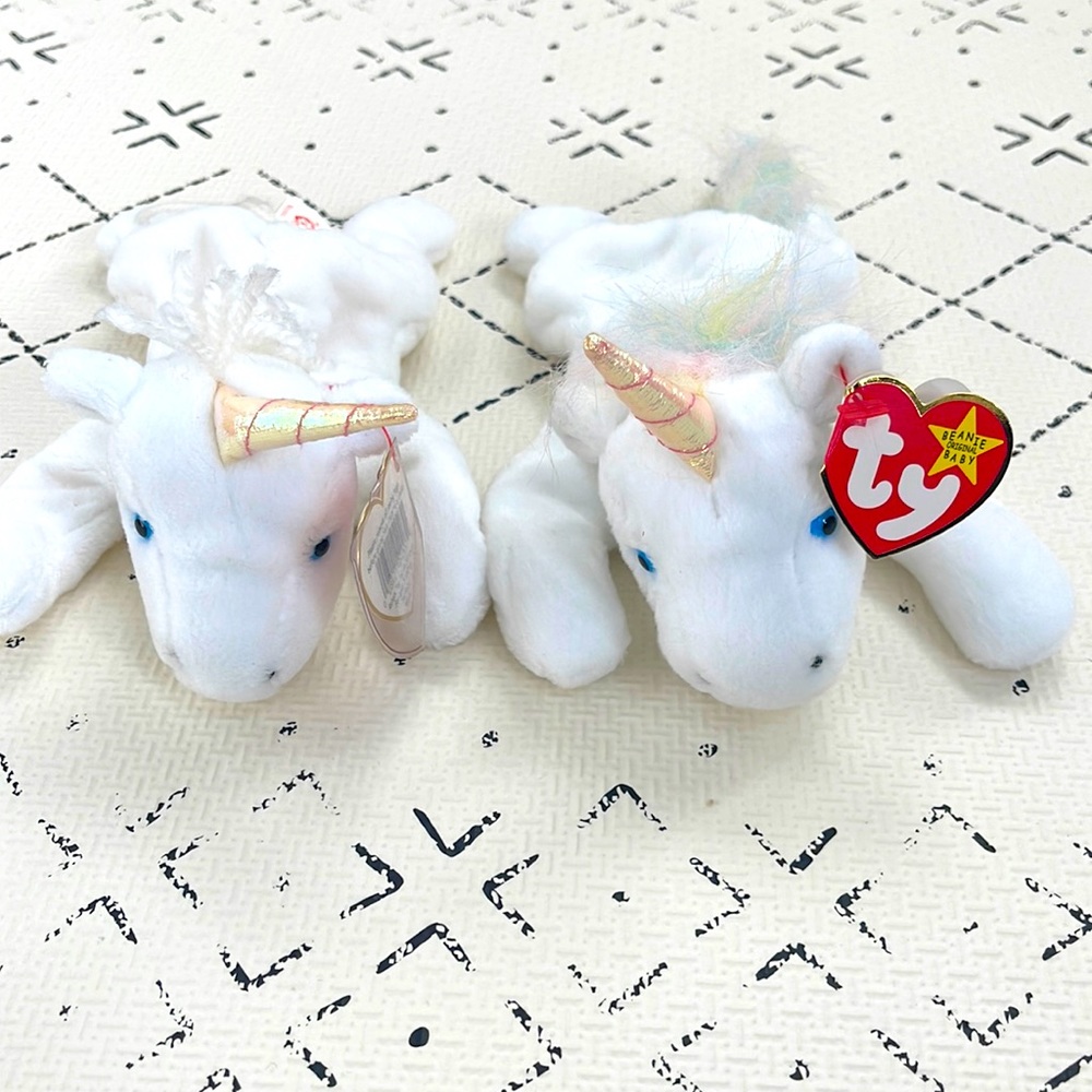TY BEANIE BABIES: Mystic the Unicorn with rainbow hair and with yarn hair!